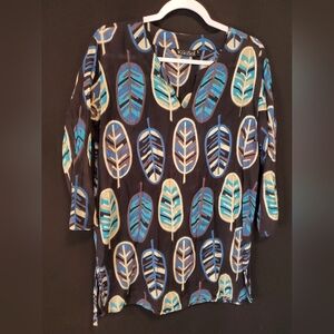 Women's Leaf Print Top - Blue and Black